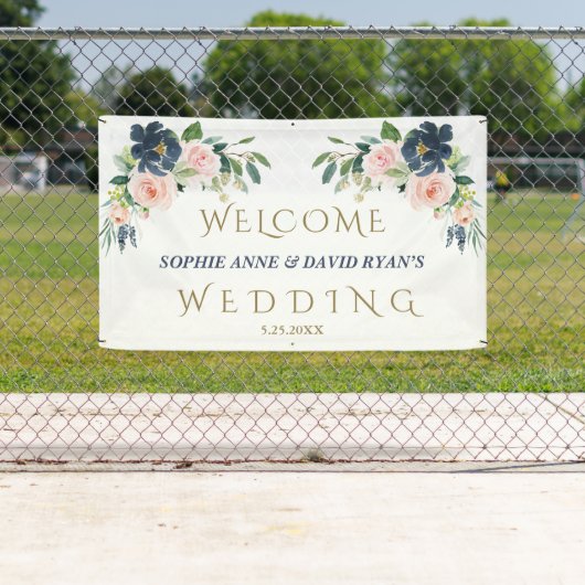 ネイビーブルー赤面結婚フラワーズウェルカムサイン 横断幕 (インサイチュ)