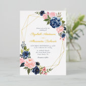 ネイビーブルー赤面結婚フローラの幾何学的金ゴールド 箔招待状 (立ち正面)