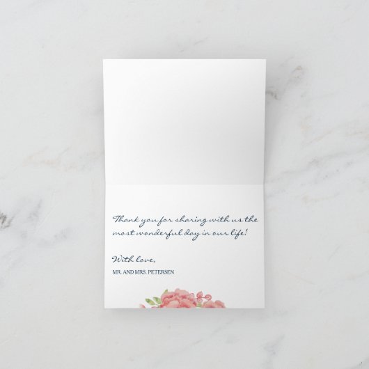 ネイビーブルー赤面結婚牡丹の編感謝してい集可 サンキューカード (内部)