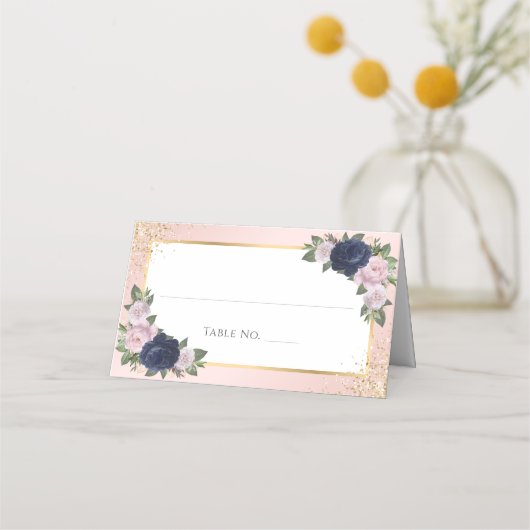 ネイビーブルー赤面結婚金ゴールドの座席番号 プレイスカード (正面)