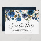 ネイビーブルー赤面花模様植物保存日 セーブザデート (正面/裏面)