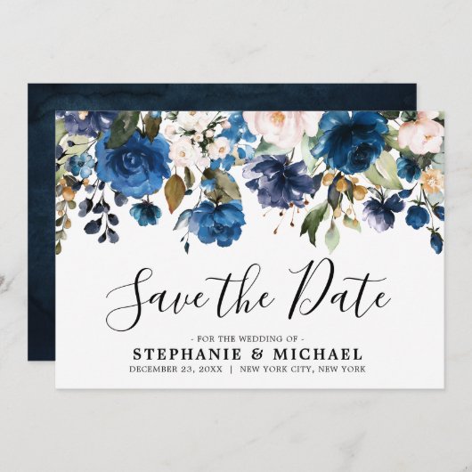 ネイビーブルー赤面花模様植物保存日 セーブザデート (正面/裏面)