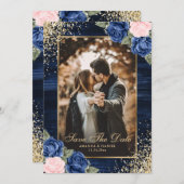 ネイビーブルー赤面金ゴールドウッド結婚フローラの写真 セーブザデート (正面/裏面)