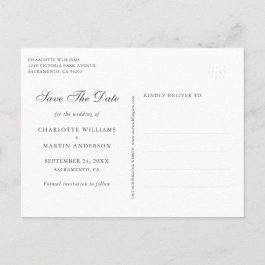 ネイビーブルー赤面金ゴールドフローラジオメト結婚リ 案内ポストカード (裏面)