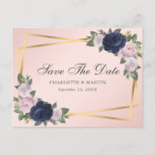 ネイビーブルー赤面金ゴールドフローラジオメト結婚リ 案内ポストカード (正面)