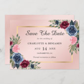 ネイビーブルー赤面金ゴールドブルゴーニュフローラ結婚ズ セーブザデート (正面/裏面)