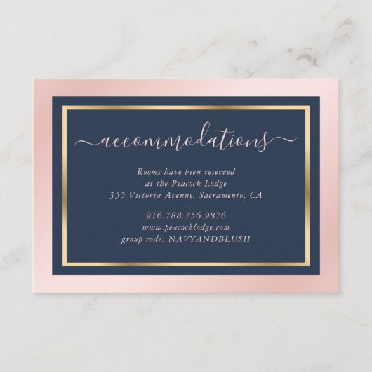 ネイビーブルー赤面金ゴールド結婚ズホテルアコモデーション エンクロージャーカード (正面)