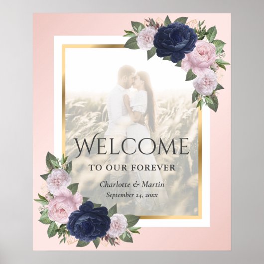 ネイビーブルー赤面金ゴールド結婚フローラのウェルカムサイン ポスター (正面)