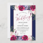 ネイビーブルー赤面&ブルゴーンディーピーニー結婚フローラ 招待状 (正面)