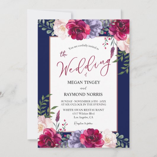 ネイビーブルー赤面&ブルゴーンディーピーニー結婚フローラ 招待状 (正面)