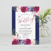ネイビーブルー赤面&ブルゴーンディーピーニー結婚フローラ 招待状 (スタンド正面)