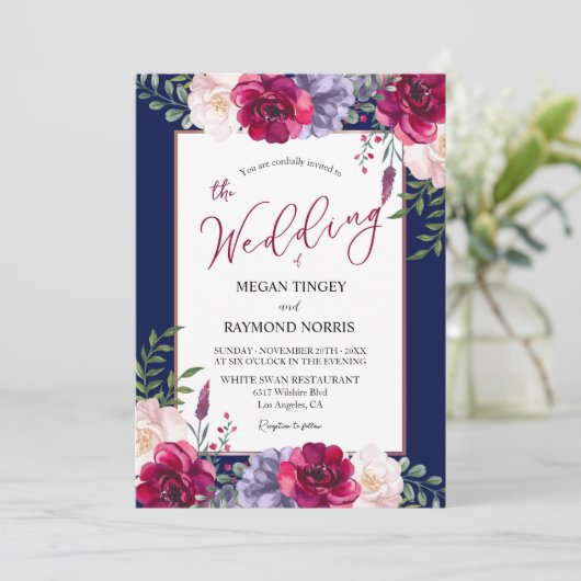 ネイビーブルー赤面&ブルゴーンディーピーニー結婚フローラ 招待状 (スタンド正面)