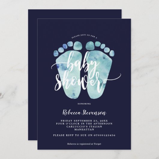 ネイビーブルー足ボーイシャワー招待 招待状 (正面/裏面)