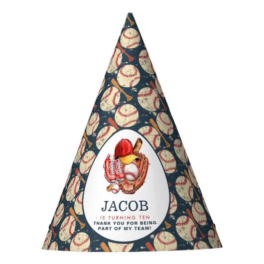 ネイビーブルー野球子供の誕生日パーティー水彩色 パーティーハット (正面)