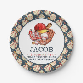 ネイビーブルー野球子供の誕生日パーティー水彩色 ペーパープレート