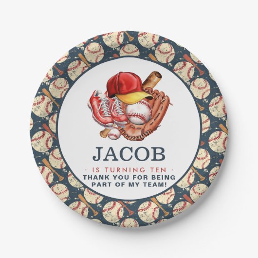 ネイビーブルー野球子供の誕生日パーティー水彩色 ペーパープレート (正面)