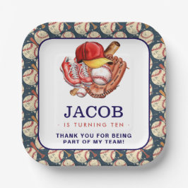 ネイビーブルー野球子供の誕生日パーティー水彩色 ペーパープレート