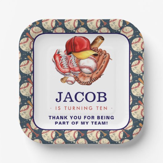 ネイビーブルー野球子供の誕生日パーティー水彩色 ペーパープレート (正面)