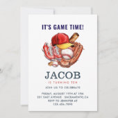 ネイビーブルー野球子供の誕生日パーティー水彩色 招待状 (正面)