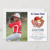 ネイビーブルー野球子供の誕生日パーティー水彩色 招待状 (正面)