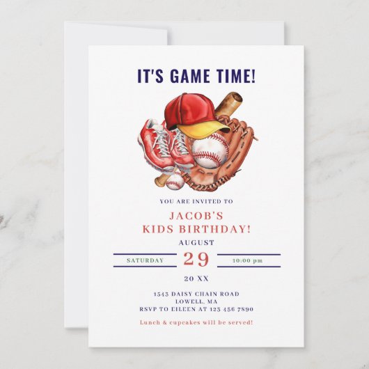 ネイビーブルー野球子供の誕生日パーティー水彩色 招待状 (正面)