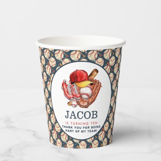 ネイビーブルー野球子供の誕生日パーティー水彩色 紙コップ (裏面)