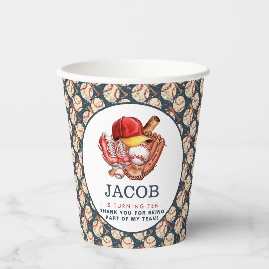 ネイビーブルー野球子供の誕生日パーティー水彩色 紙コップ (正面)