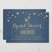 ネイビーブルー金ゴールドいかり航海のブライダルシャワー 招待状 (正面/裏面)