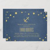 ネイビーブルー金ゴールドいかり航海のベビーシャワー 招待状 (正面/裏面)