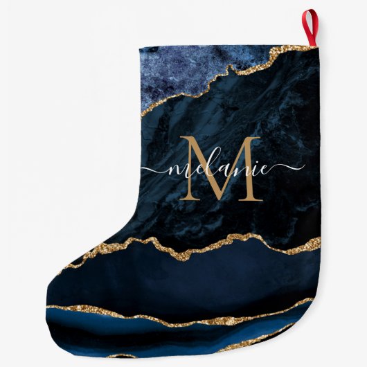 ネイビーブルー金ゴールドお名前レタークリスマスストッキング ラージクリスマスストッキング (裏面)
