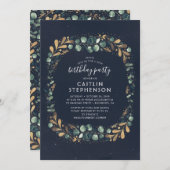 ネイビーブルー金ゴールドとグリーンヴィンテージ誕生会 招待状 (正面/裏面)