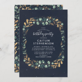 ネイビーブルー金ゴールドとグリーンヴィンテージ誕生会 招待状