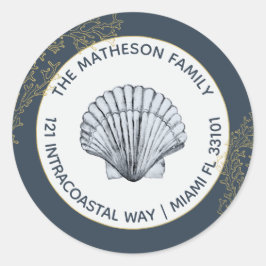 ネイビーブルー金ゴールドとホワイトコースタルシーシェルアドレス ラウンドシール