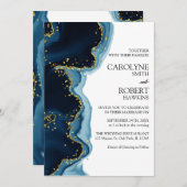 ネイビーブルー金ゴールドの水色すべて結婚の 招待状 (正面/裏面)