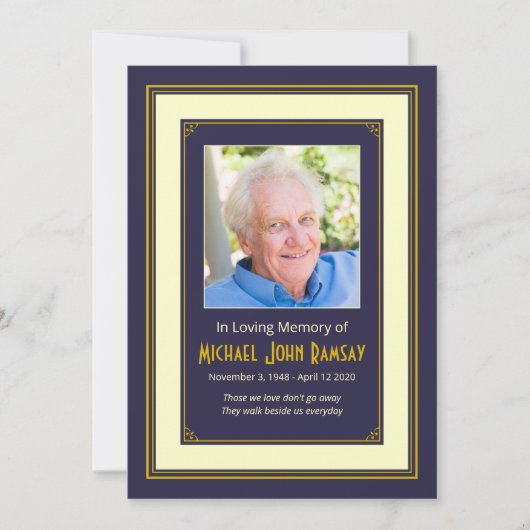 ネイビーブルー金ゴールドアイボリー写真死者発表 招待状 (正面)