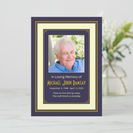 ネイビーブルー金ゴールドアイボリー写真死者発表 招待状 (スタンド正面)