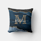 ネイビーブルー金ゴールドアガテモノグラム名スクリプトイニシャル クッション (正面)
