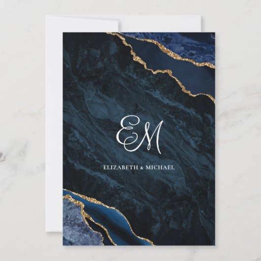 ネイビーブルー金ゴールドアゲートエレガントな結婚式 招待状 (裏面)