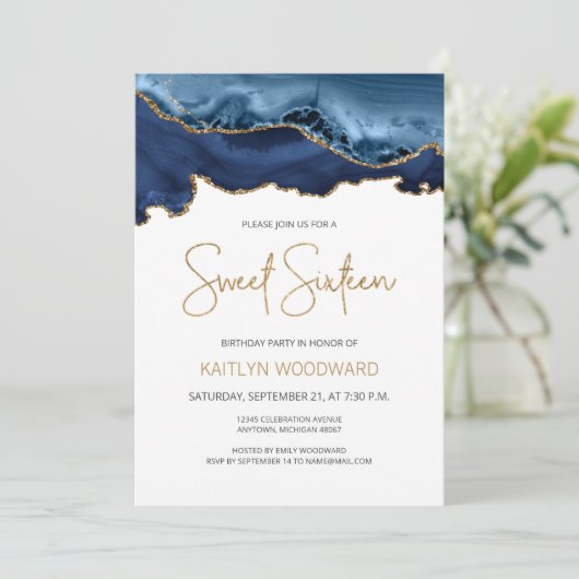 ネイビーブルー金ゴールドアゲートスウィート16バースデーパーティー 招待状 (スタンド正面)
