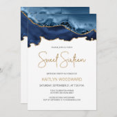 ネイビーブルー金ゴールドアゲートスウィート16バースデーパーティー 招待状 (正面/裏面)