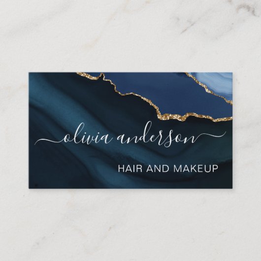 ネイビーブルー金ゴールドアゲートヘアーメイクアップサロン 名刺 (正面)