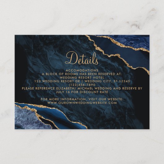 ネイビーブルー金ゴールドアゲートマーブル結婚ズ詳細 エンクロージャーカード (正面)