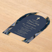 ネイビーブルー金ゴールドアゲート第一聖餐式 アクリル招待状 (レイダウン)