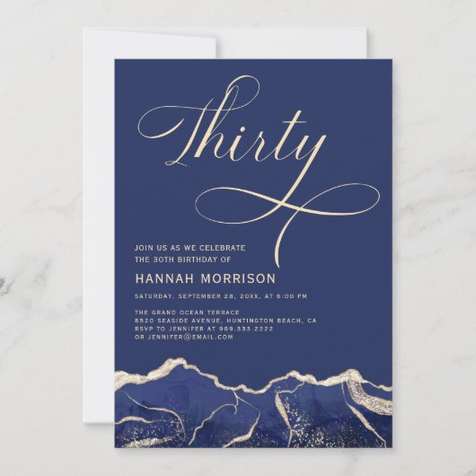 ネイビーブルー金ゴールドアゲート30th30誕生日パーティー 招待状 (正面)