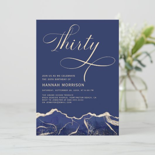 ネイビーブルー金ゴールドアゲート30th30誕生日パーティー 招待状 (スタンド正面)