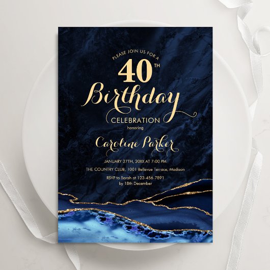 ネイビーブルー金ゴールドアゲート40歳の誕生日 招待状