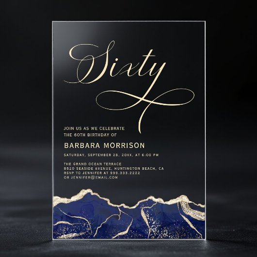 ネイビーブルー金ゴールドアゲート60th60誕生日パーティー アクリル招待状