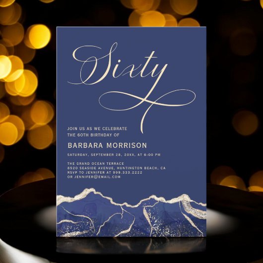 ネイビーブルー金ゴールドアゲート60th60誕生日パーティー 招待状