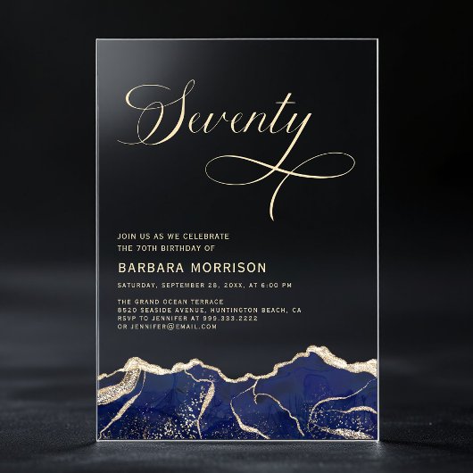 ネイビーブルー金ゴールドアゲート70th70誕生日パーティー アクリル招待状