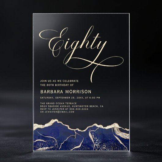 ネイビーブルー金ゴールドアゲート80th80誕生日パーティー アクリル招待状